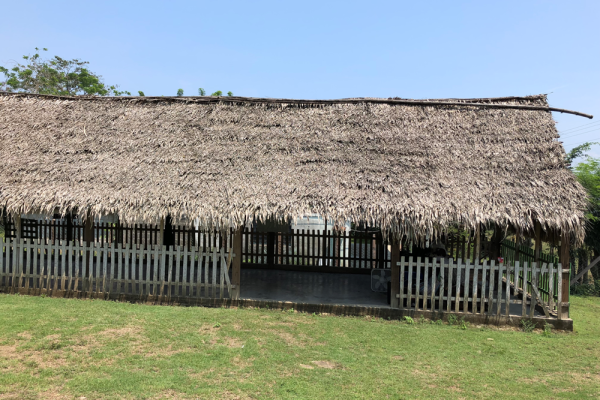 Open-air church with a thatched palapa roof in Mexico